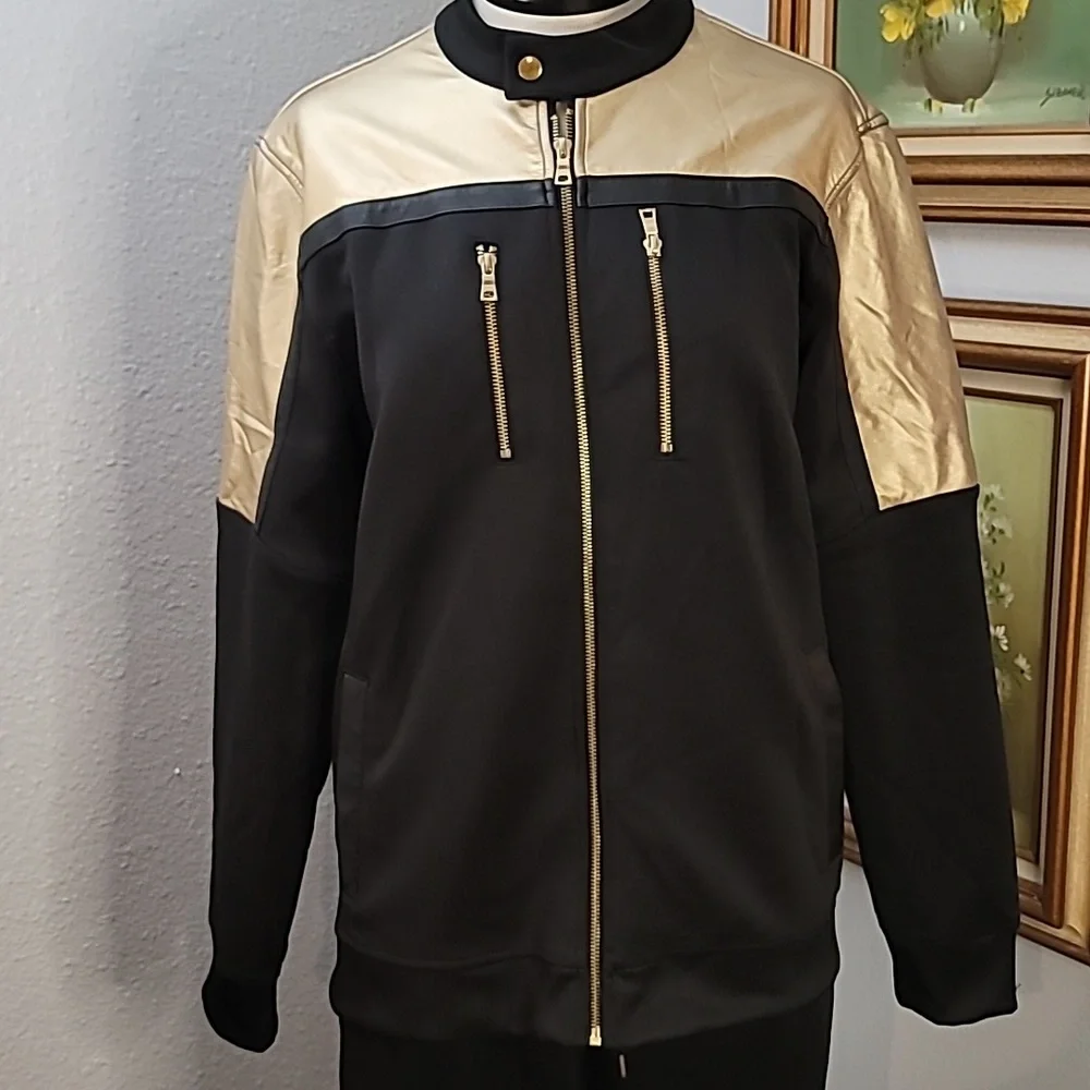 INC black and metallic gold track suit pants and jacket size large - Picture 2 of 16